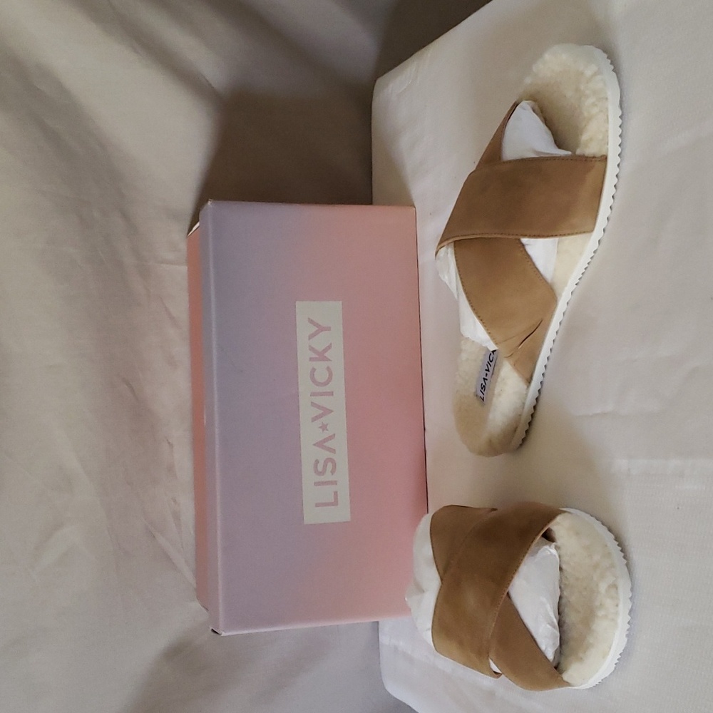 NEW LISA VICKY Tan Snug-V Camel Kids Suede Sandal